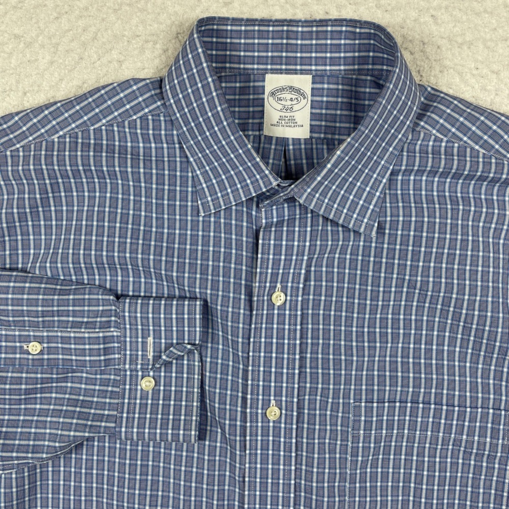 Brooks Brothers Shirt Mens 16.5 34/35 Blue Grid Check Slim Fit Non-Iron 346